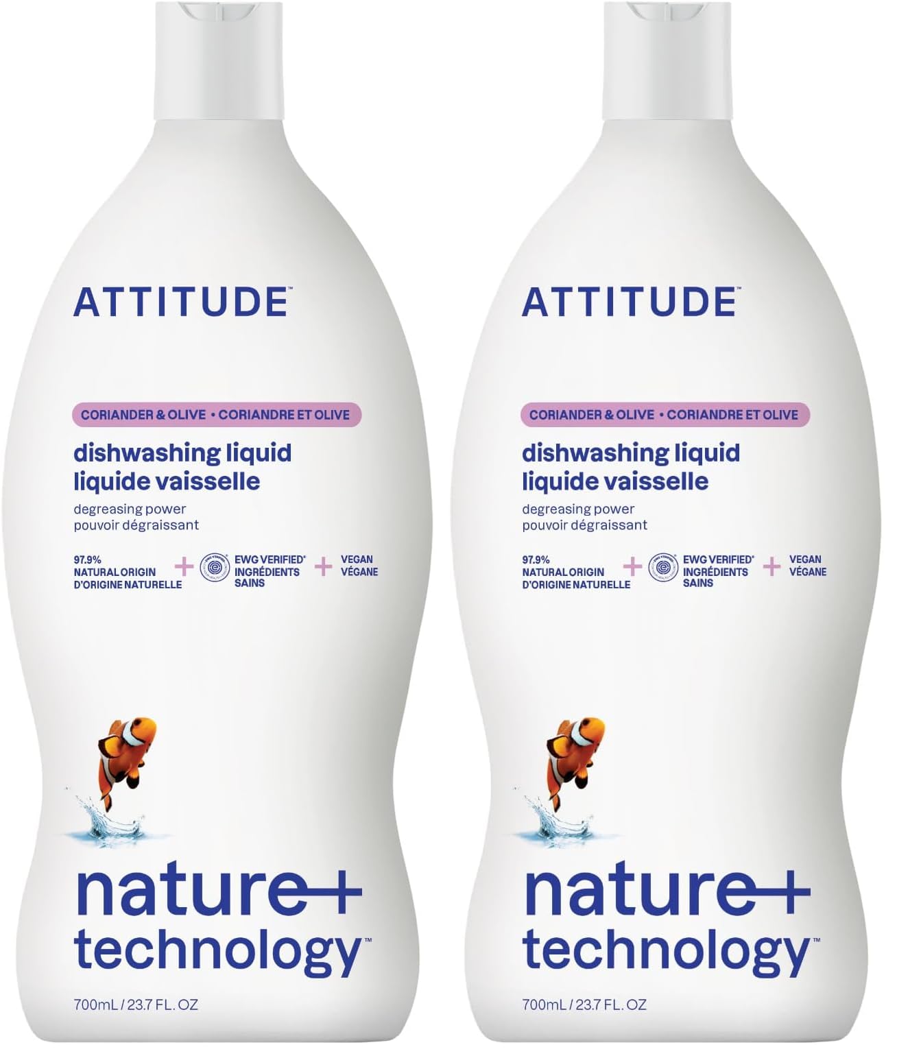 Attitude Dish Soap, Plant-based, Hypoallergenic, Eco-friendly, Coriander &amp; Olive, 23.7 Fl Oz (Pack of 2)
