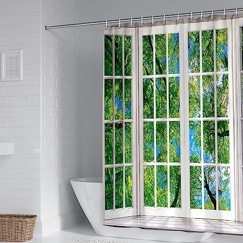 Rideau de douche salle de bain imperméable blanc vert polyester avec anneaux - 2