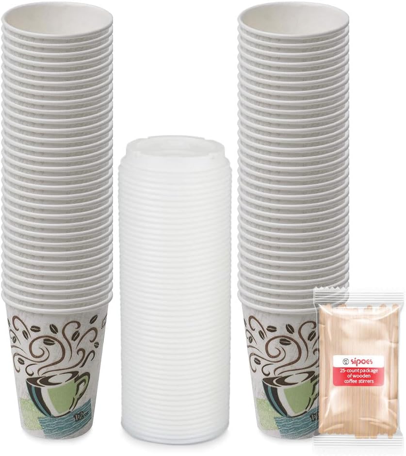 Dixie PerfecTouch Insulated 12Oz Hot/Cold Paper Cups With Lids & Wooden Stirrers - 25-Count Package - Ideal for Home, Professional & On-The-Go Use - Multicolored Coffee Design