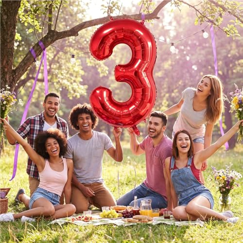 Image of Number Balloons Red Party Balloon - 40 Inch Large Number 3 Balloon, Numbers Balloon Birthday Decorations, Red Party Supplies for Anniversary