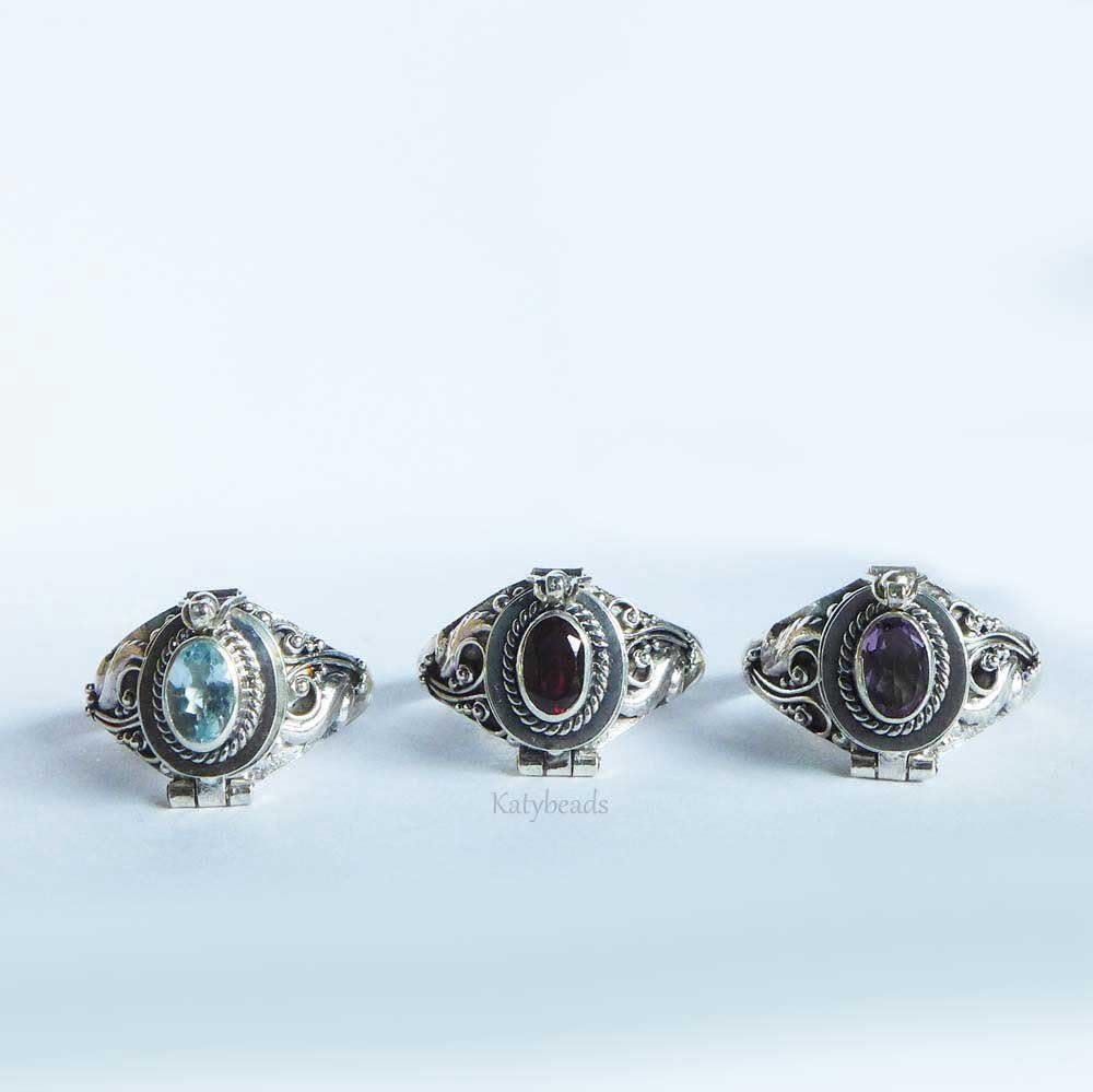 Red Garnet January Birthstone Poison Ring Bali Sterling Silver Locket Ring AR04