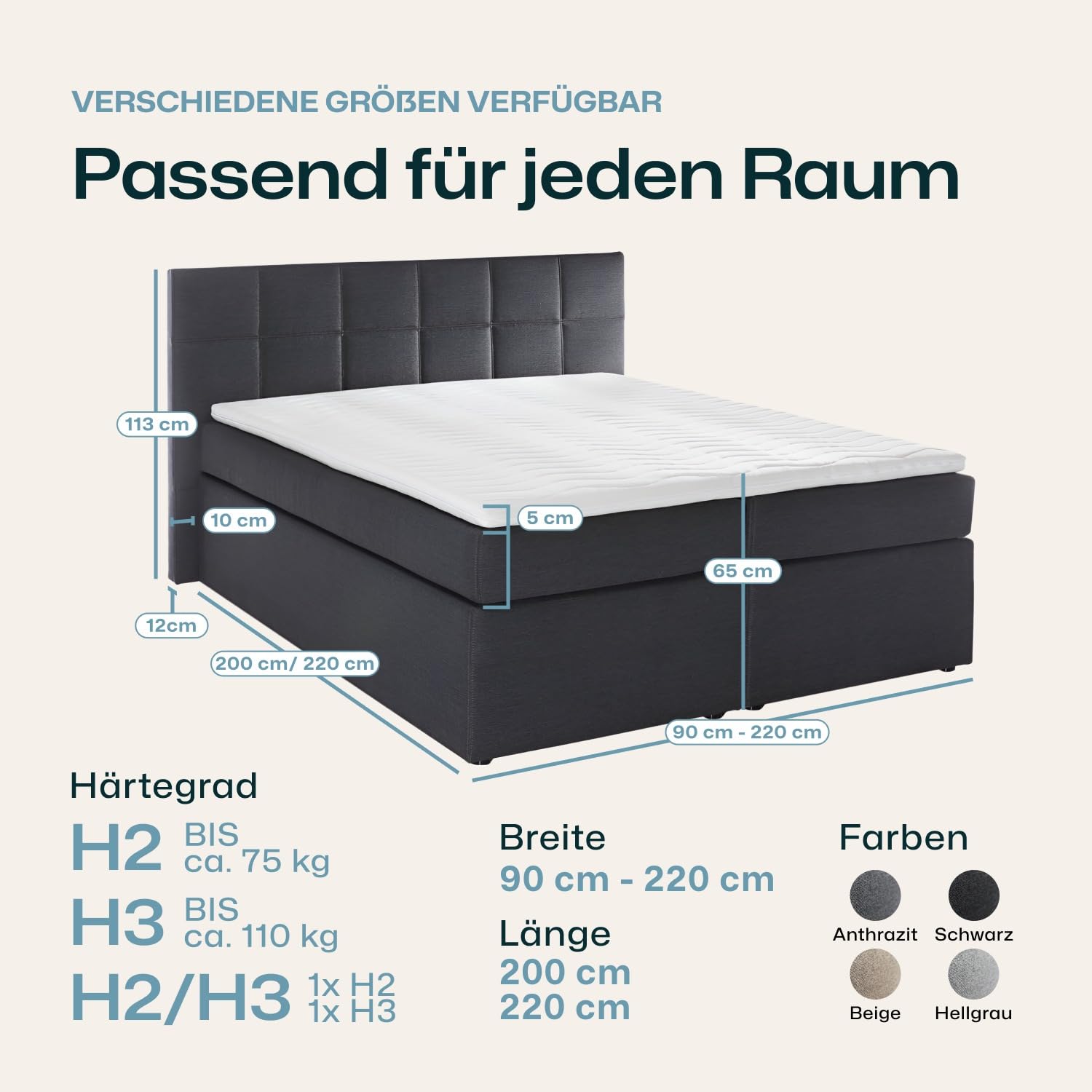 3F Boxspringbett Bea 160x200 cm Schwarz Härtegrad H2 | 7-Zonen Taschenfederkern Matratze + Visco Topper