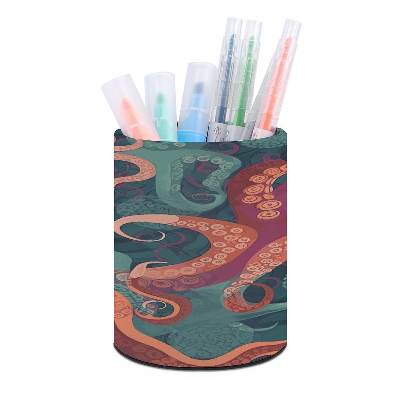 VstaDank Abstract Octopus Pen Holder Round Pencil Holder Cup Pen Container PU Leather Desk Organizer Stand Decor Brush Scissor Holders Decoration Office Desk Home (3.1 X 3.9 Inches)