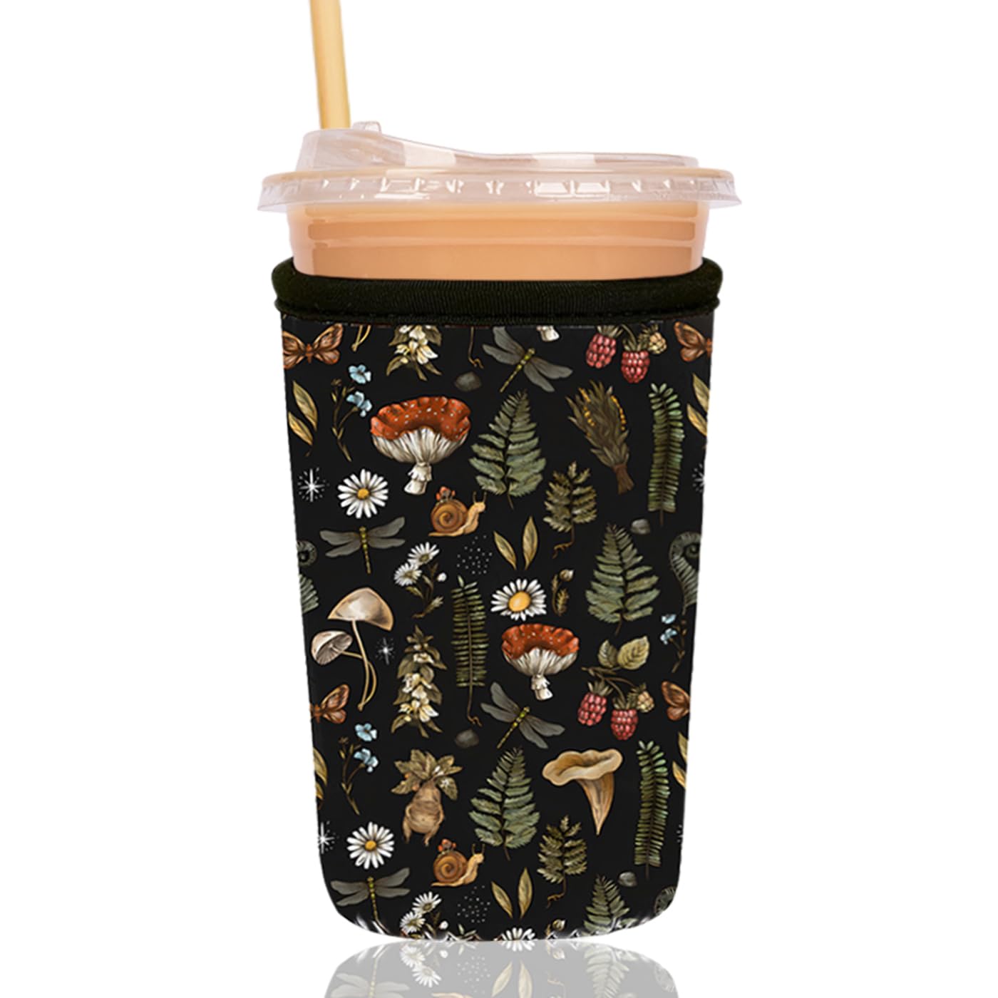Reusable Insulated Sleeve for Iced Coffee Cup, Coffee Neoprene Sleeve for Cold &amp; Hot Drinks, Beverage Holder for Iced Coffee (Mushroom Mirage, Large: 32oz)