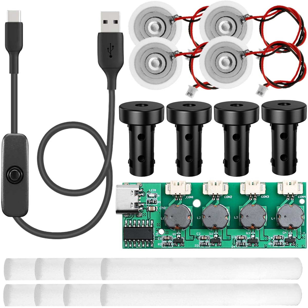 Kit di nebulizzatori per umidificatori, quattro ugelli, senza interruttore, senza temporizzazione Set di sostituzione del modulo di nebulizzazione fai da te, con cavo Usb con pulsante di acce