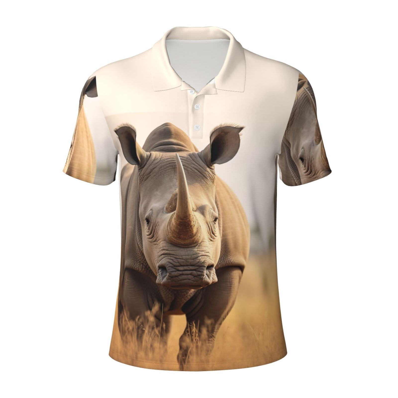 Animal Rhino2 Print Mens Golf Shirts, Sports Polo Shirts, Moisture Wicking Short Sleeve Hawaiian T-Shirt, Black, XL