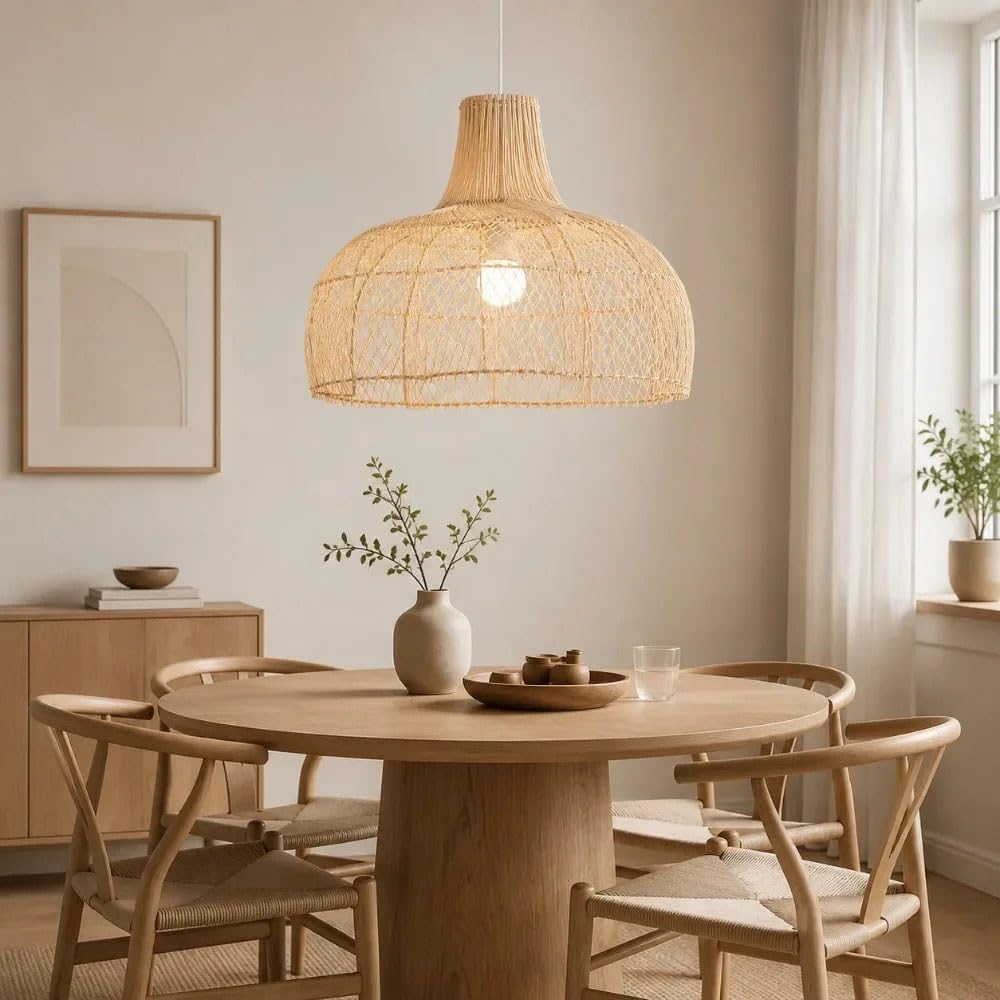 Beżowa Lampa Wisząca, 23,62-calowa Pleciona Lampa Wisząca Do Kuchni, Wyspy, Jadalni, Sypialni I Przedpokoju, Lampa Wisząca W Stylu Boho Z Rattanu W Stylu Rustykalnym, Regulowany Przewód, Sufit Skośny