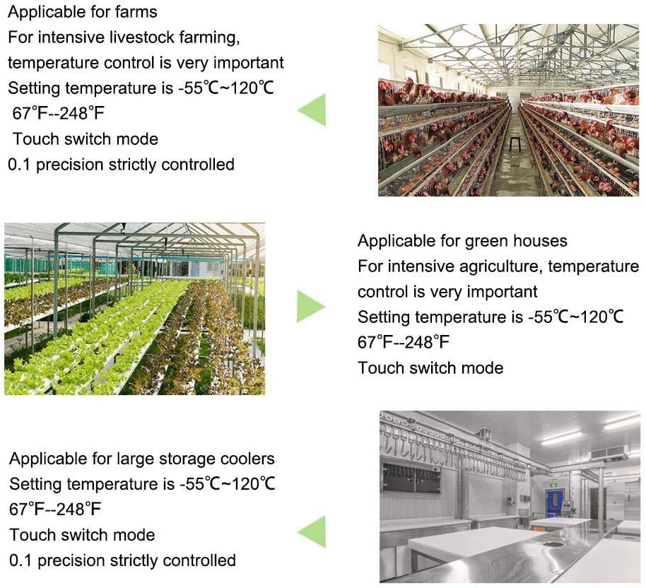 Examples of STC-3008 applications including livestock farming, greenhouses, and large storage coolers