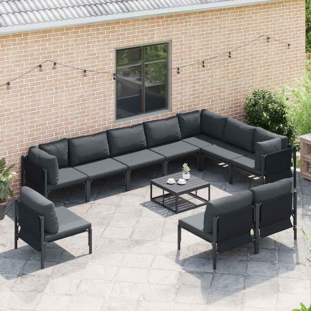 Ensemble de canapé de jardin avec coussin - 10 pièces - En acier noir revêtu par pulvérisation - Résistant aux intempéries - Pour terrasse, balcon, jardin