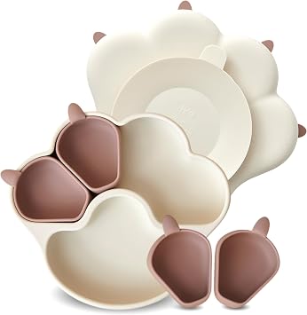 MEOW Taupe Brown Divided Silicone Baby Toddler Suction Plates Non-Slip Silicon Plates Led Weaning Supplies BPA Free Toddler Travel Non-Toxic Kids with Suction