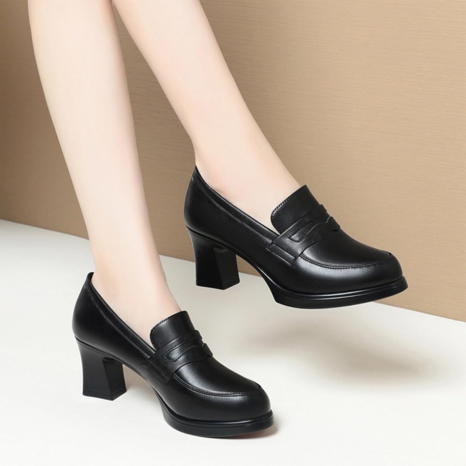 Women's Leather Chunky Heel Loafer Pumps Closed Round Toe Slip On Mid Heel Penny Loafers Office Business Work Dress Shoes - Image 3