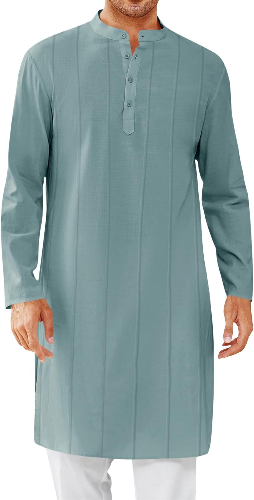 Mens Kaftan Thobe Button Down Henley Shirts Robe Long Sleeve Casual Cotton Pleated Muslim Gown Shirt