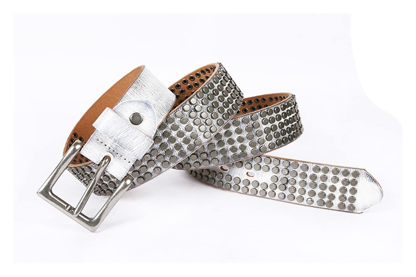 Ceinture Homme, Parker à Cinq Rangs Petite Courroie de rivette Hommes et Femmes Peuvent être la Ceinture de Boucle de Boucle en Cuir Blanc (Color : White, Size : 105CM)