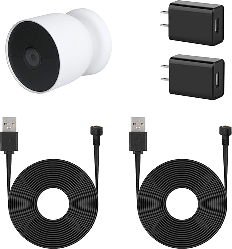 Paquete de 2 adaptadores de corriente para Google Nest Cam (batería), con cable de carga resistente a la intemperie de 16.4 pies (16.4 ft) que Negro