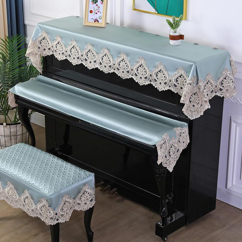 Klavier-Staubschutz, Klaviertastatur-Abdeckung, for 150 cm Standard-Klavier, blau, Spitze, Samt, Rüschen, Staubschutz for aufrecht stehende Klaviere mit Hocker-Abdeckung, halb aufrechte Klavier-Abdeck