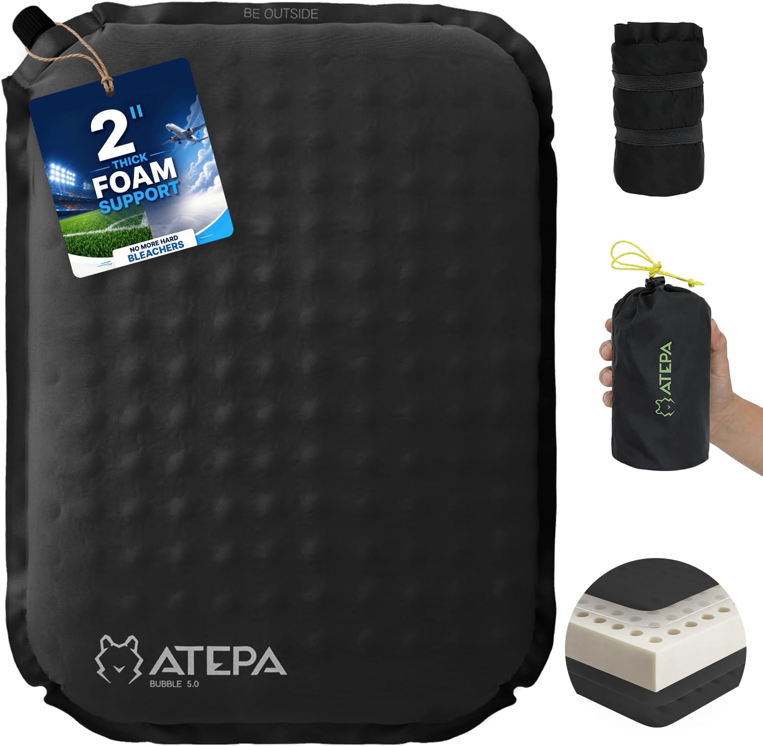 ATEPA Inflatable Seat Cushion | 2" & 2.5" Foam Core Seat Pad, Self Inflating, Compact, Stadium, Airplane, Travel, Camping, Hiking, Sports events