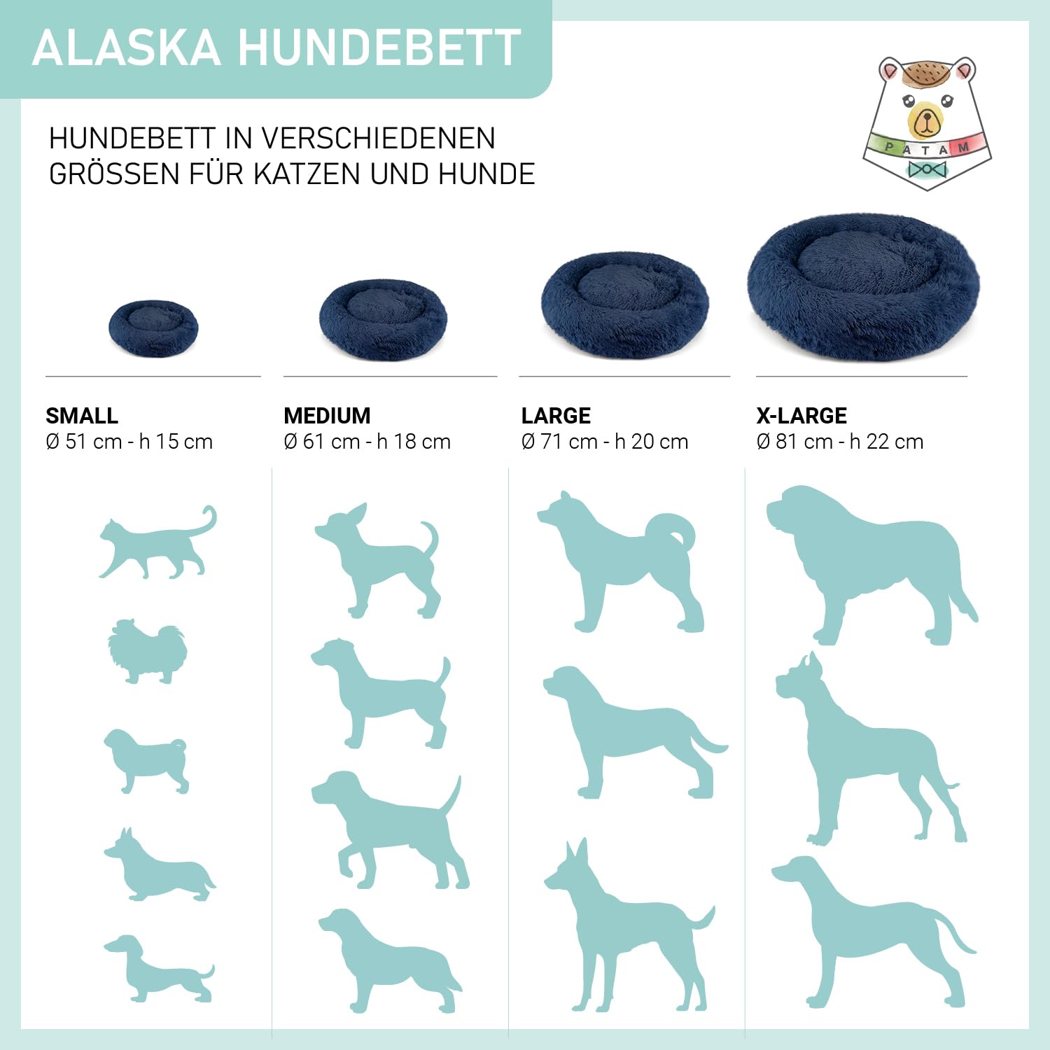 Hundebett aus Plüsch für Hunde und Katzen, Abnehmbarer Bezug, rutschfest, maschinenwaschbar - Alaska Blau, Large 71 cm