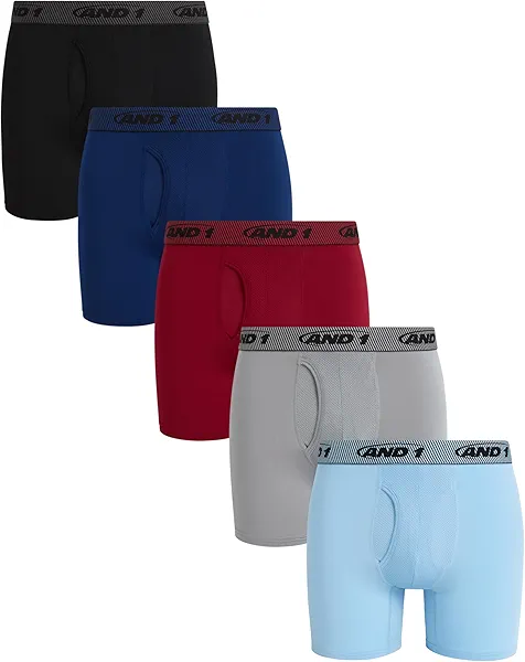 AND1 Mens Boxer Briefs - 5 Pack Stretch Performance Mens Underwear Boxers with Functional Fly Pouch, 6" Inseam (S-3XL), Size XX-Large, Red/Black/Maritime Blue/Grey/Sky Blue