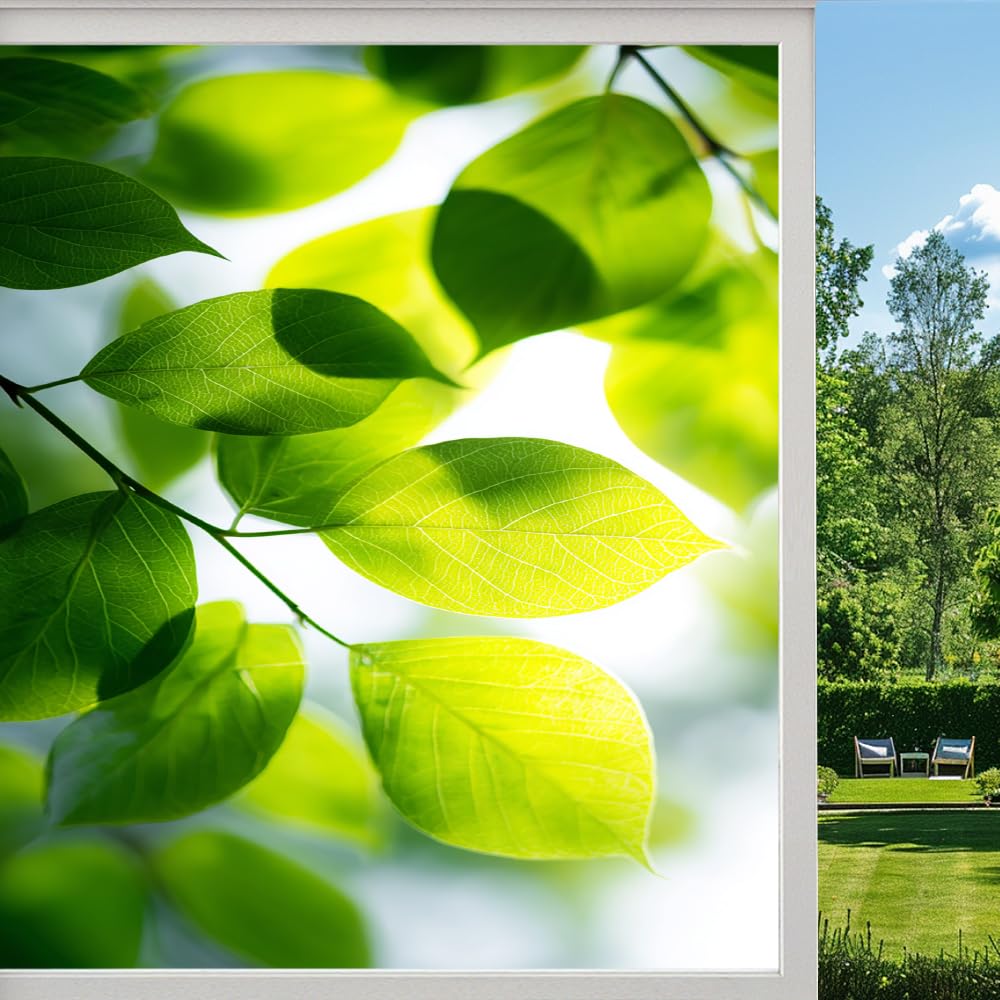 Rural Sunshine Leaves Stained Glass Window Film, Fresh Green Branch Peel and Stick Privacy Film, Frosted Adhesive Vinyl Decorative for Bathroom Windows Glass Doors, （50x100cm）