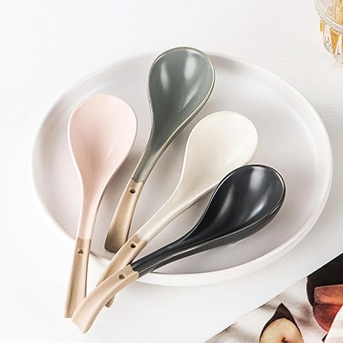 Juego de 4 cucharas de sopa asiáticas, cucharadas de porcelana ultrafina, mango largo, fácil de sostener, parte inferior antideslizante, ramen