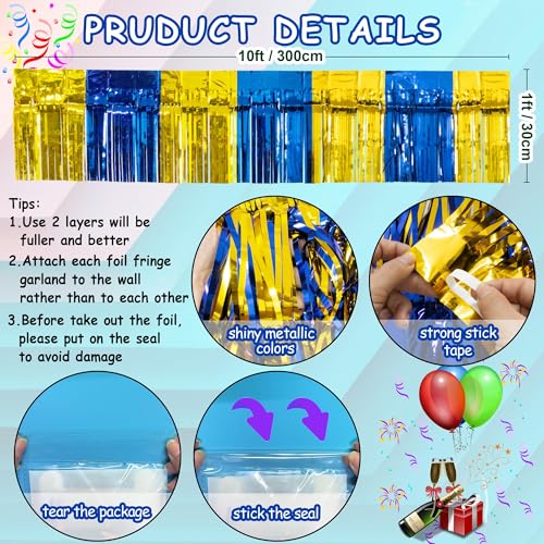 Image of 4 Packs Total 39 Ft Graduation Parade Floats for Trailer Car, Blue Gold Foil Fringe Garland Tinsel Streamers Banner Table Skirts for Graduation Homecoming Birthday Party (Royal Blue Gold)