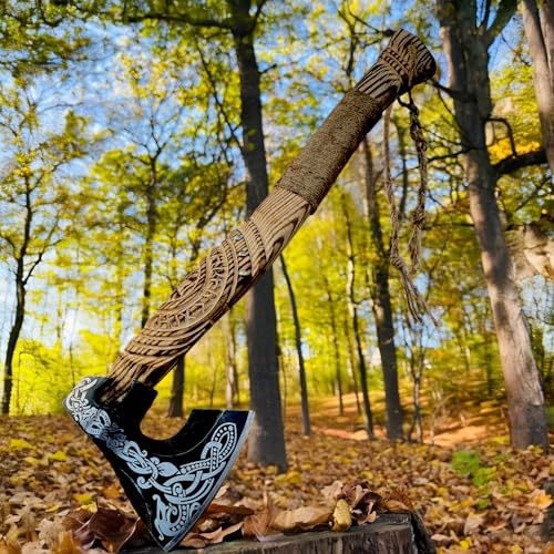 CraftTal Wikinger Axt 52 cm - Handgefertigte mit Gravur und Lederschutz - Ideale Wikinger-Deko Mittelalter Wikinger-Axt scharf echt Vikings-Geschenke für Männer Vikings Fanartikel LARP Beil