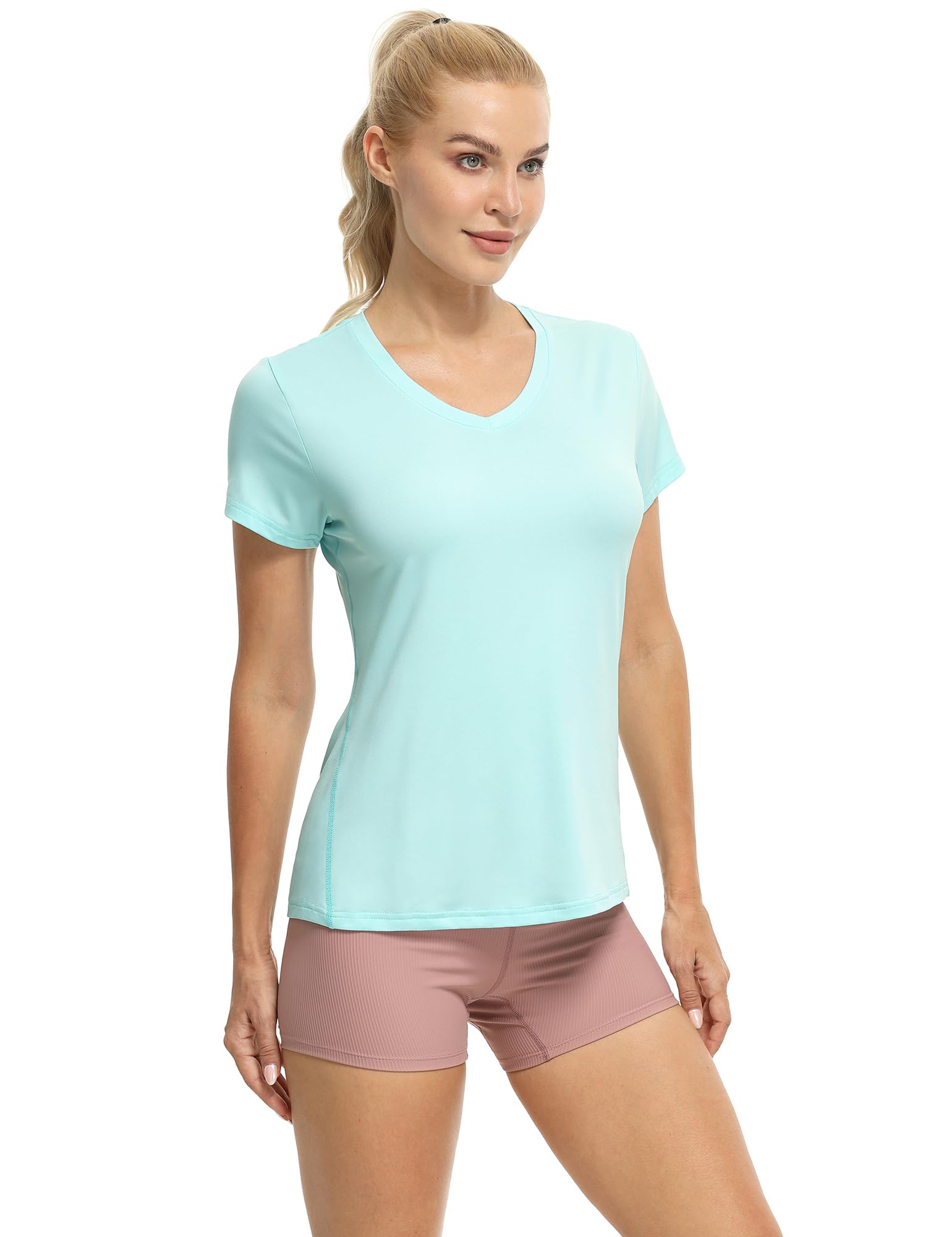 icyzone Damen Sport T-Shirt Kurzarm V-Ausschnitt Laufshirt Atmungsaktive Fitness Gym Funktions Shirt