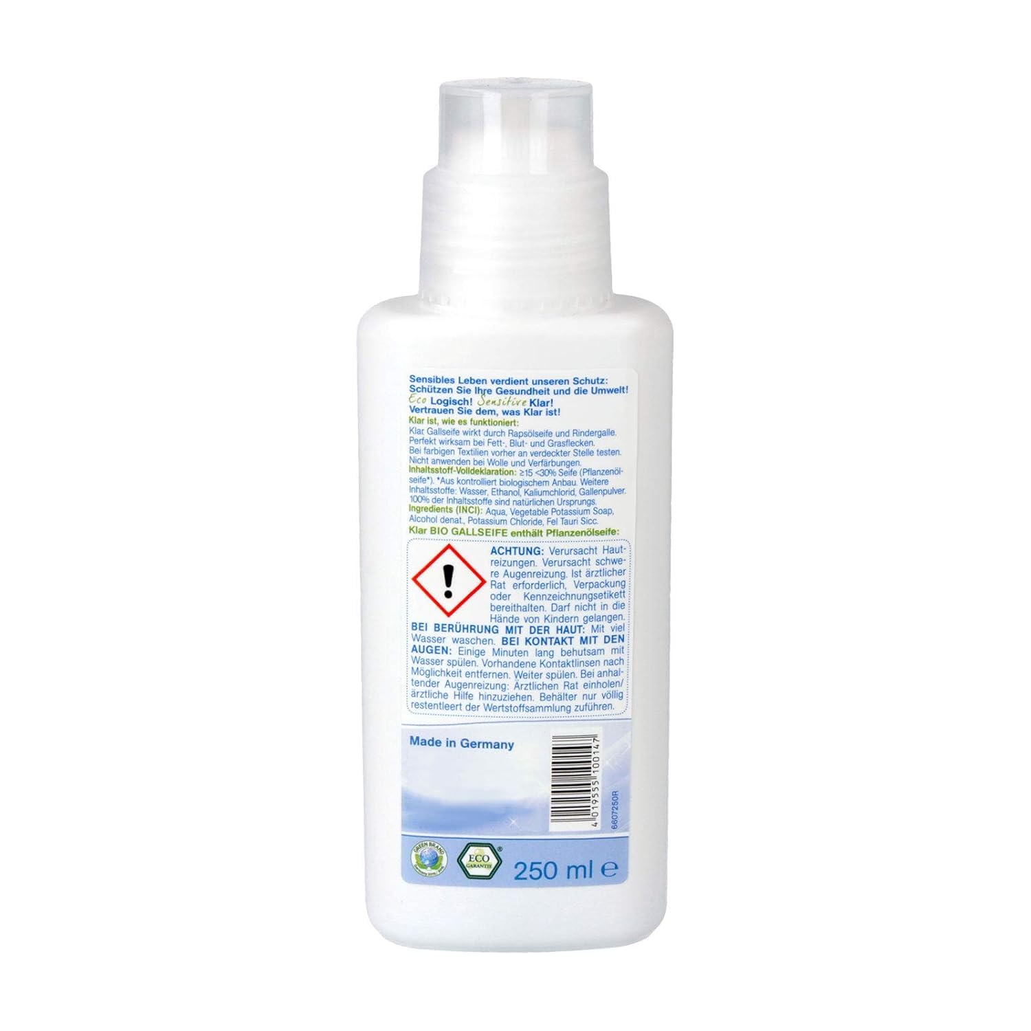 Klar eco Sensitive Bio-Gallseife 6 x 250ml, ohne Duft, mit Bürstenkopf, zur Vorbehandlung von Flecken