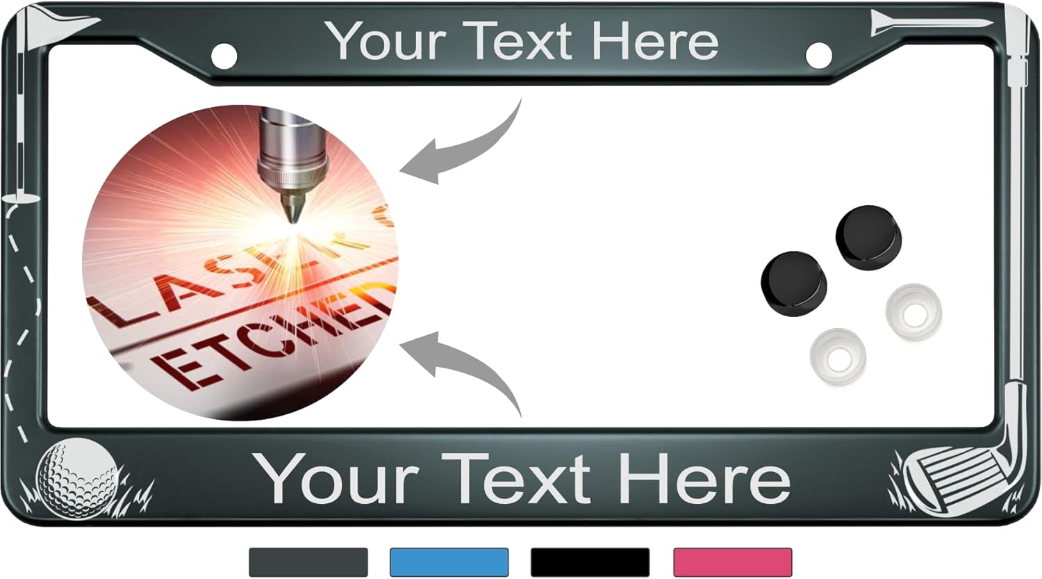 Golf Club and Ball Design with Your Custom Text | Laser Etched Anodized Aluminum Standard Size - CAR/Automobile License Plate Frame & Free caps - Black (Qty: 1 Frame)