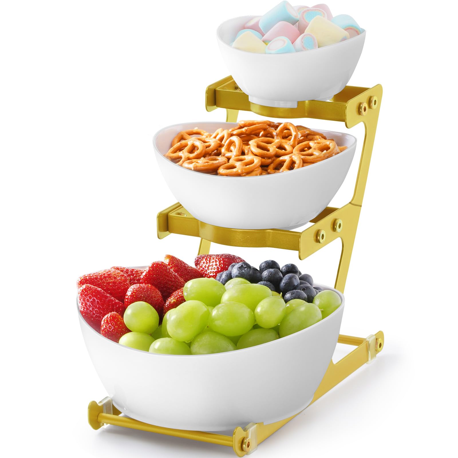 Lifewit Alzata a 3 piani con ciotole in plastica, 3 ripiani, con ripiano in metallo dorato, accessori per feste, buffet, ciotola da portata riutilizzabile per antipasti, frutta, snack