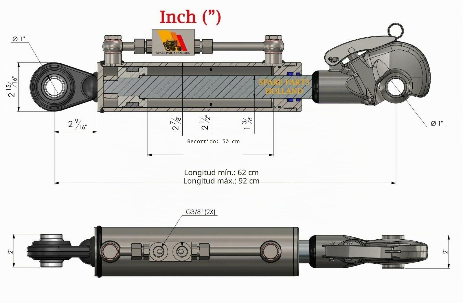 Tercer Punto Hidráulico Cat 2 (620 - 920 mm) con Engache Rápido, Bloque de Bloqueo y 2 Mangueras