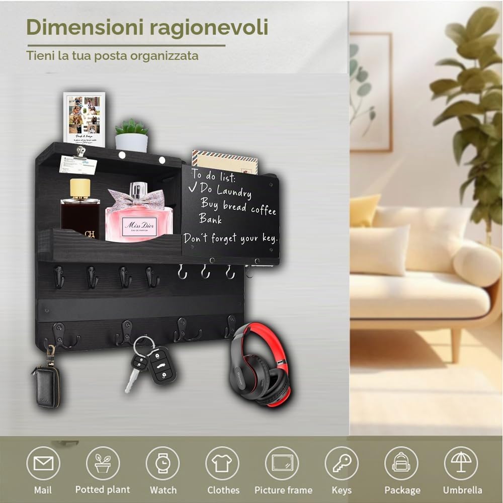 Portachiavi in Legno con Ripiano, Portachiavi da Parete per Chiavi con 12 ganci, Portachiavi da Parete con Cassette Postali e Lavagna per Aree D'Ingresso e Dietro le Porte. Nero