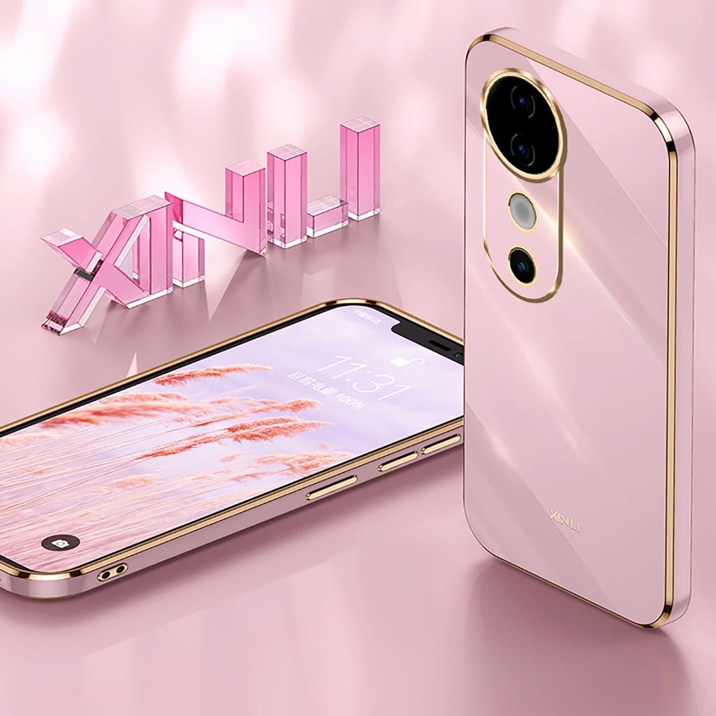 ILING Case for Vivo V40 5G / Vivo V40 Pro 5G, Simple Solid Color Back Electroplated Gold Edging Design Soft TPU Shockproof Protective Ultra-thin Phone Case Cover (Blue)