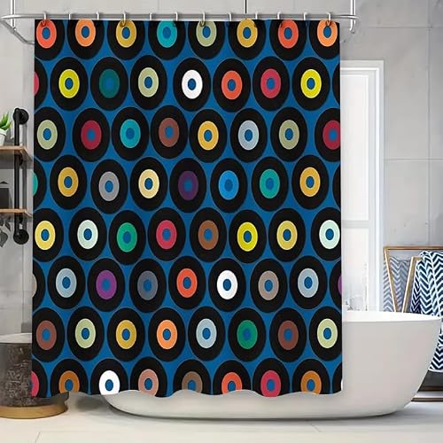 KELAIMI Colorful Geometric Shower Curtain,Modern Funky Retro Vinyl Record Bathroom Curtain,Waterproof Polyester Fabric Bathtub Curtain with Hooks Blue 180X210Cm