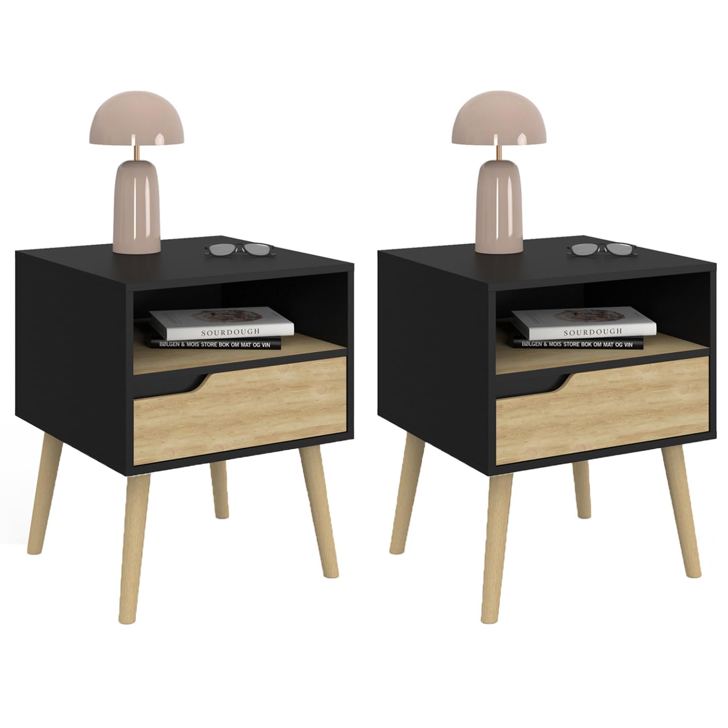 IDMarket - Lot de 2 Tables de Chevet Helsinki scandinaves Noir et Bois