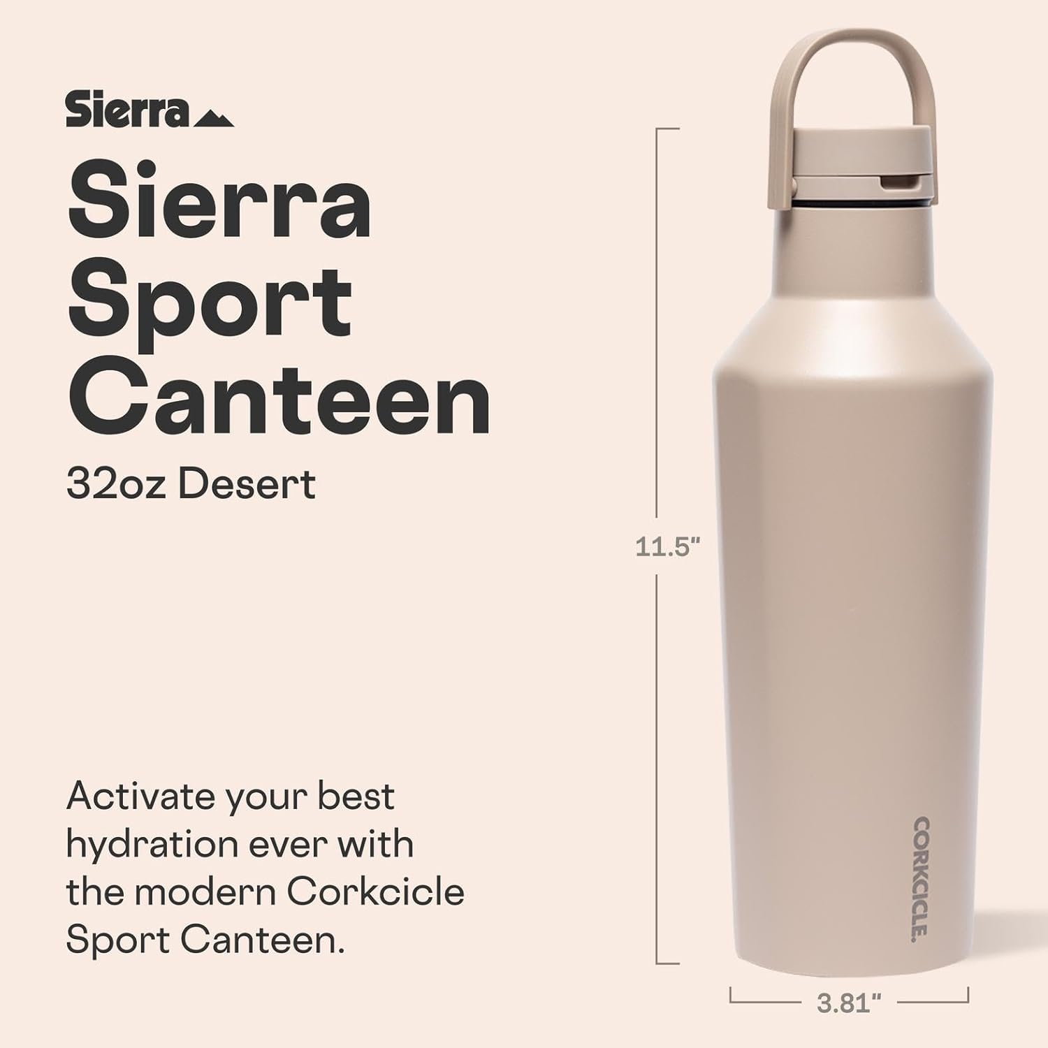 Corkcicle Classic Sport Canteen Insulated Water Bottle - Keeps Beverages Cold 25 Hours - Triple Insulated - Summer Drinkware Gift - Keeps Drinks Ice Cold - Leak-Proof Cap - 32 oz - Desert - Image 2