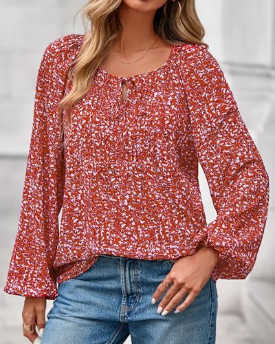 KIRUNDO Boho Tops for Women Going Out Floral Long Sleeve Shirts Dressy Casual Work Blouses Drawstring 2025 Fall Outfits3