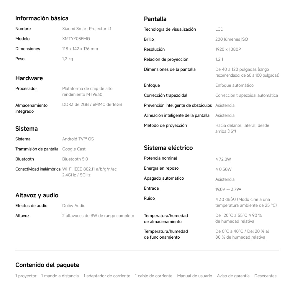 Xiaomi Smart Projector L1 EU, Autoenfoque, proyección de hasta 120 Pulgadas, luminosidad 200 LM, mín: 160 LM @ 15 min ANSI, Sistema operativo Google TV