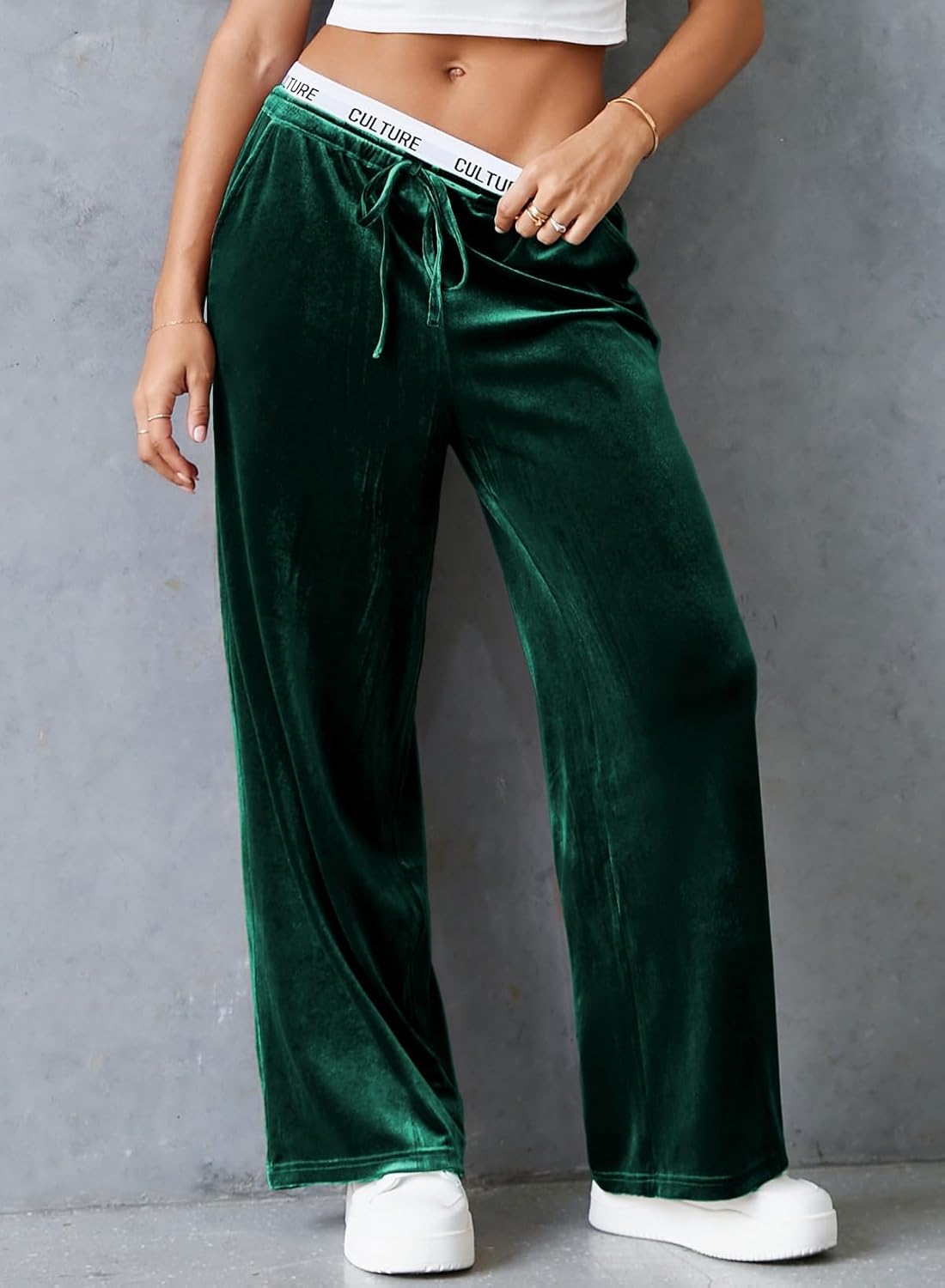 Herseas Women's High Waisted Wide Leg Contrast Waistband Long Pants 2025 Fall Casual Front Tie Velour Sweatpants - Image 4