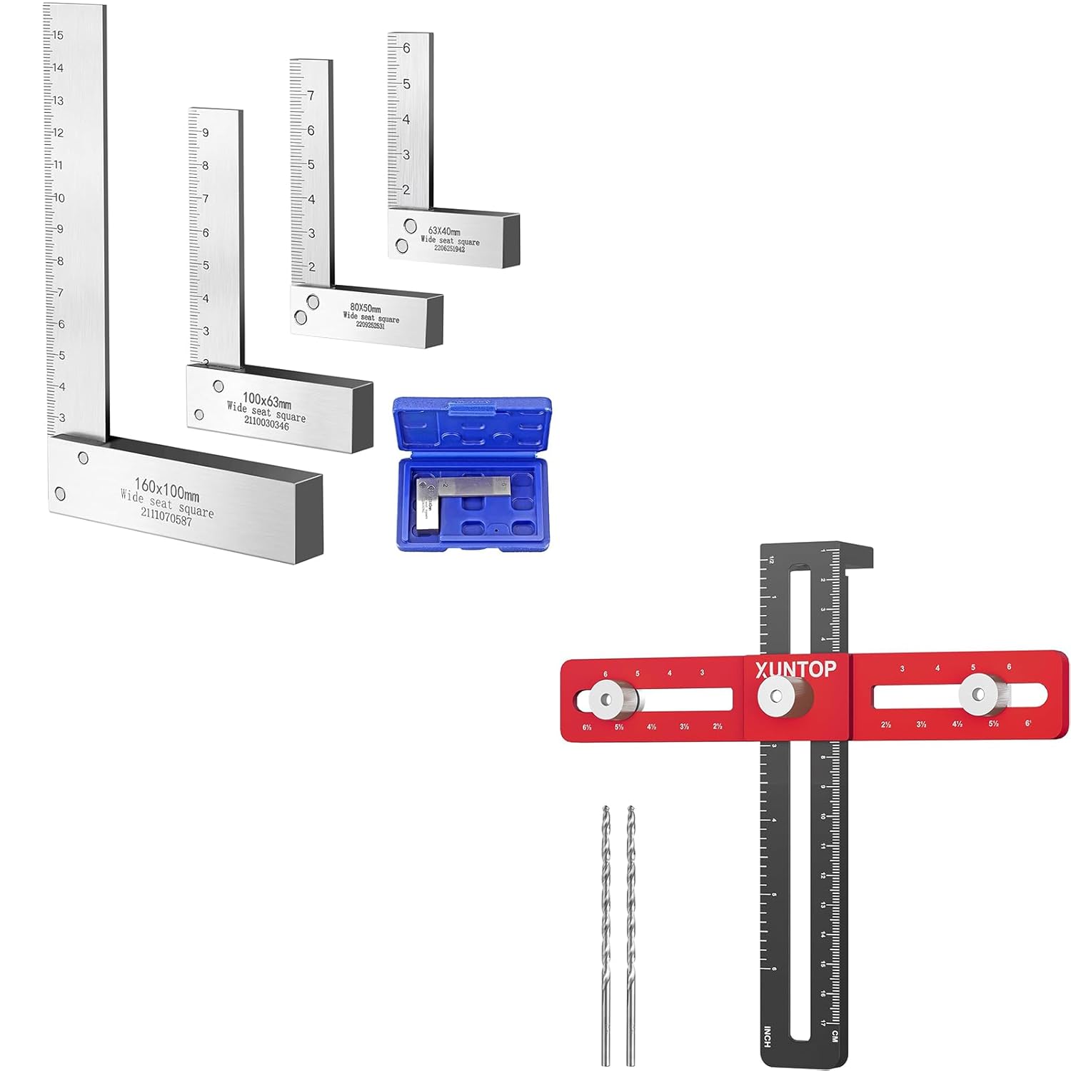 Pro Layout Kit: 4-Pc Steel Machinist Squares 2-6" & 6.5" Doweling Jig, 90° Precision, 4 mm Guide, Cabinet & Metal Layout, Decor Install