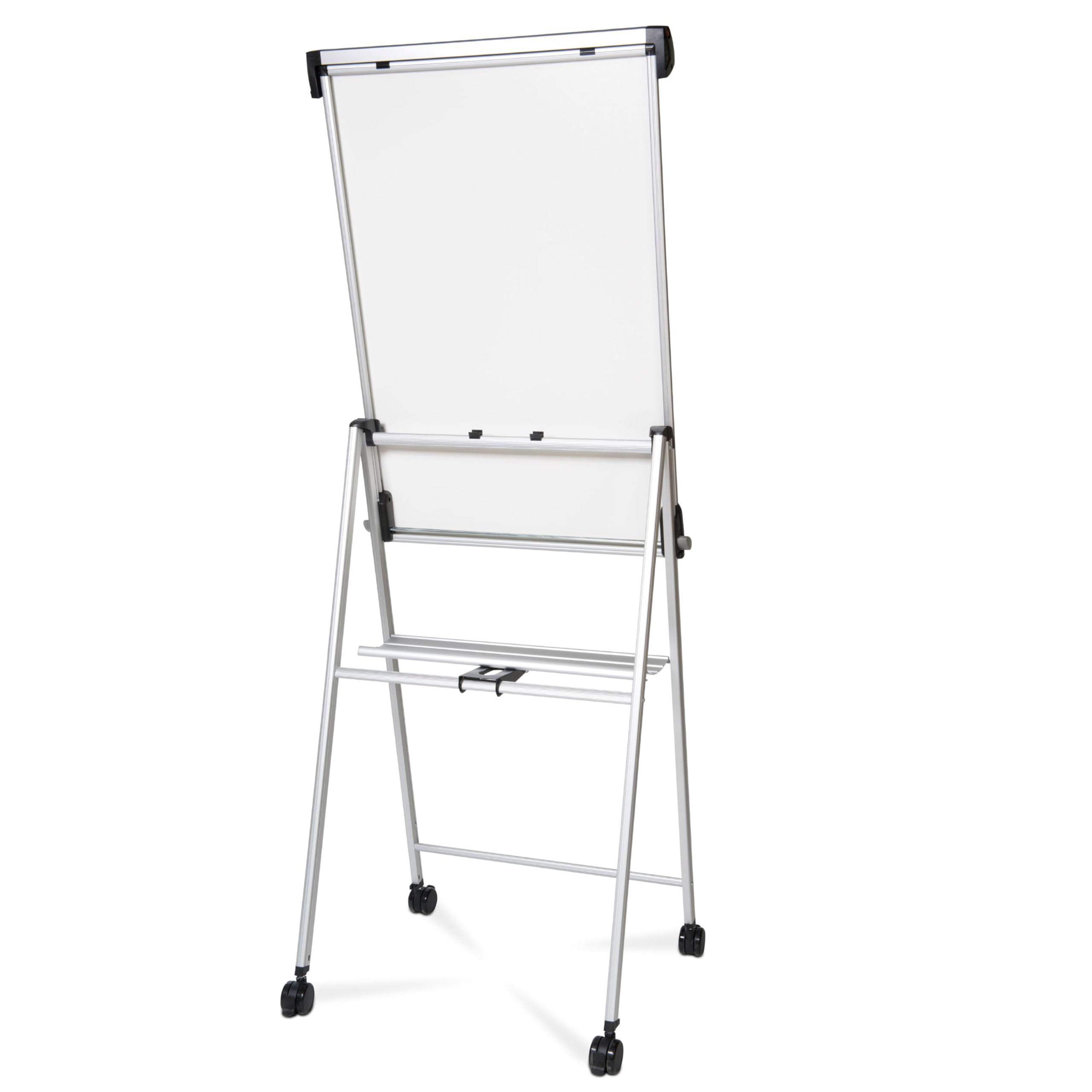MAUL Flipchart mobil silber MAULpro stufenlos verstellbar auf Rollen | stabiler Alurahmen, flexible Arbeitshöhe, magnethaftende Schreibfläche, trocken abwischbar, breite Ablageschale