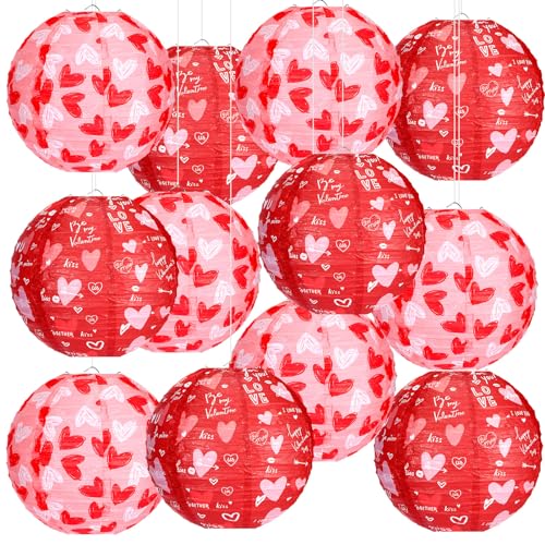 Image of Bencailor 12 Pcs Valentine's Day Paper Lanterns Party Decorations Heart Hanging Round Lanterns 12 Inch Hanging Paper Decorations for Valentines Party Wedding Anniversary Supplies(Heart)