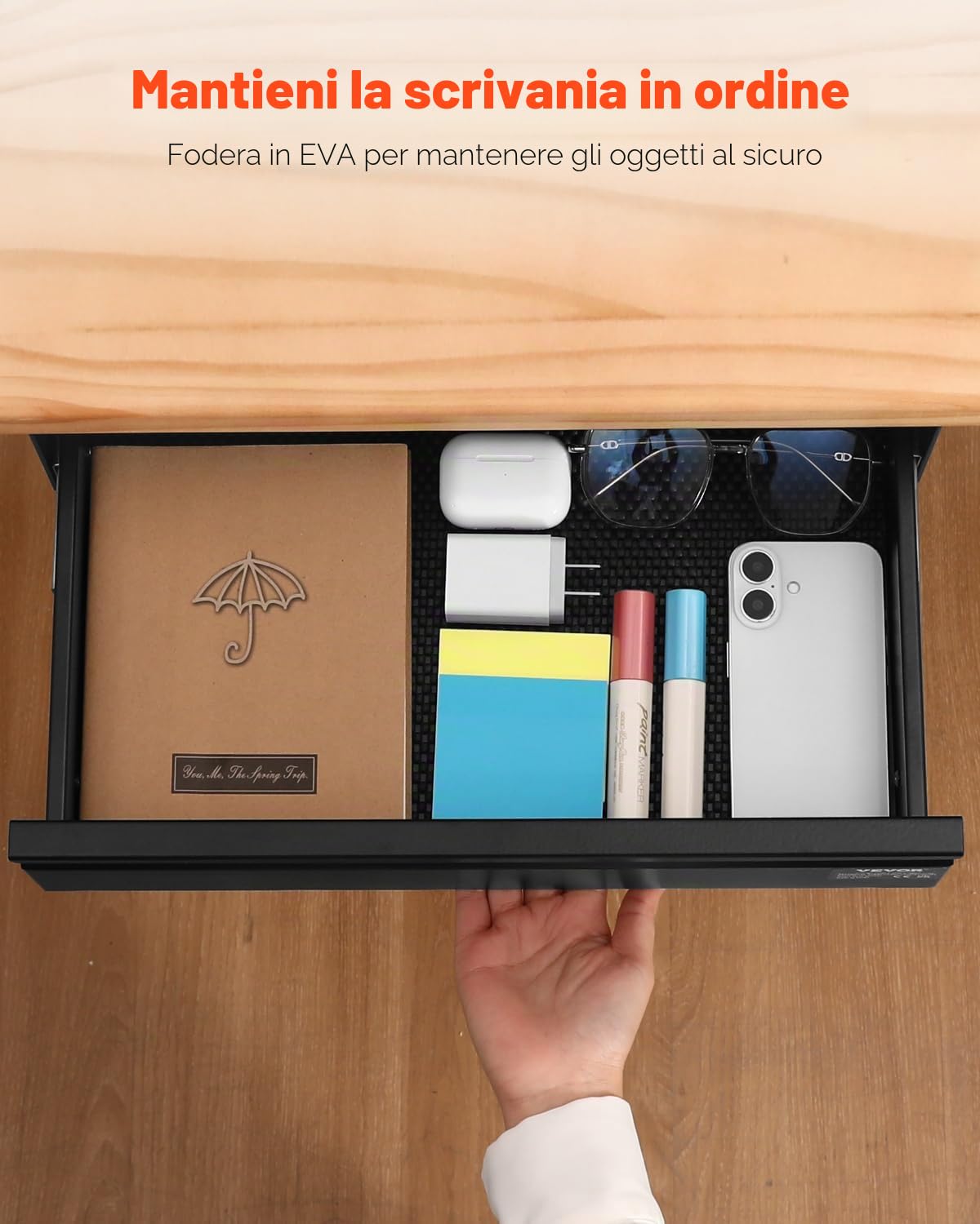VEVOR Cassetto Estraibile Sotto Scrivania 440 x 223 x 101 mm Organizzatore Nascosto per Riporre Oggetti sulla Scrivania, Cassetto Portapenne Sotto Tavolo, per Postazioni di Lavoro da Ufficio, Nero