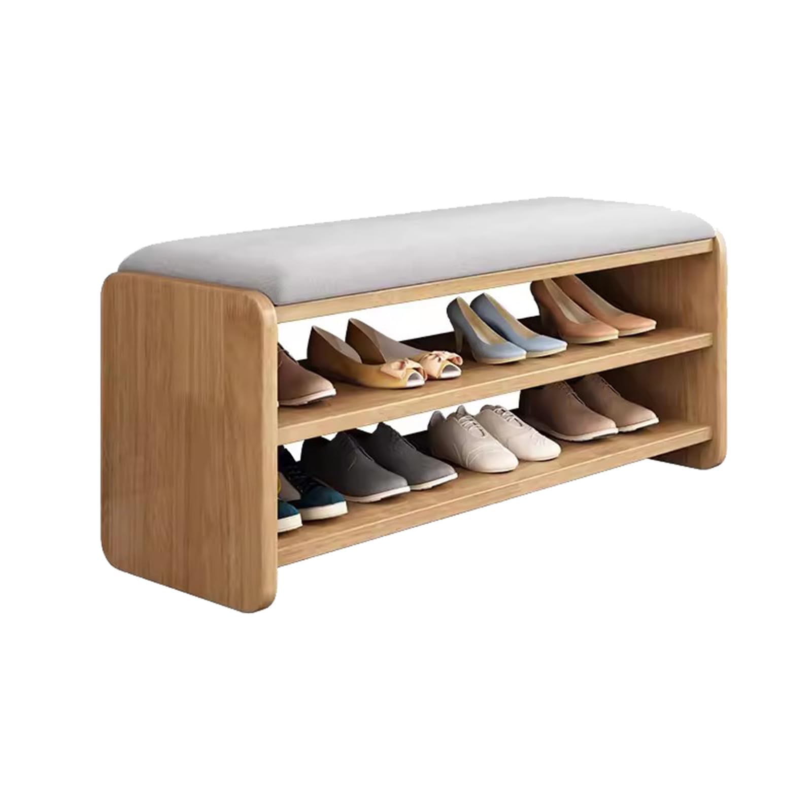 MYUYEE Shoe Bench With Seat Cushion - 2 Tier Storage Shelf Orga For Living Room, Hallway, Bedroom - Padded Seat, Self-Assembly Cabinet(Wood Color+ Grey-L80Cm/31.5In)