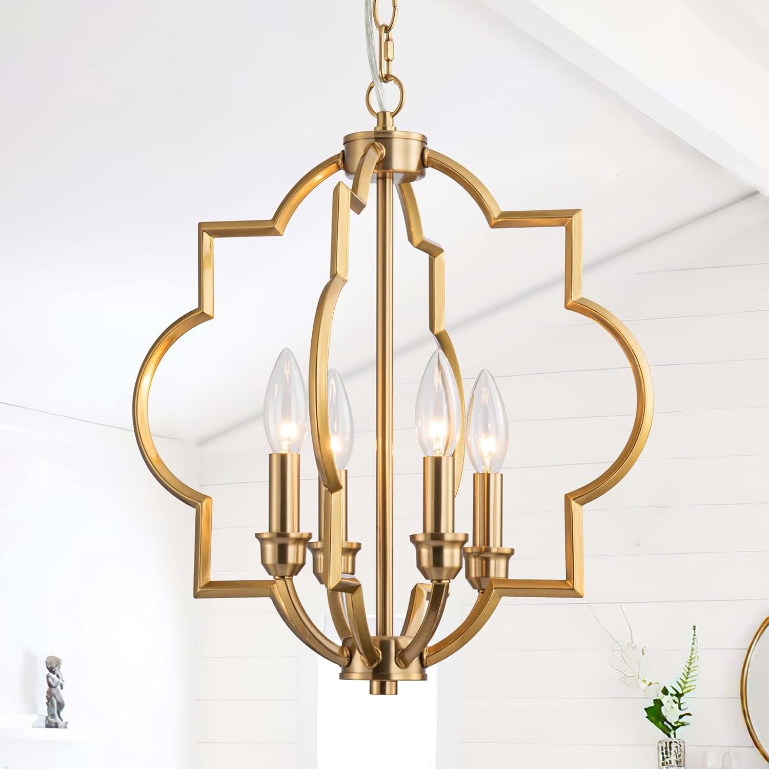 4-Light Brushed Gold Chandeliers for Dining Room, 15.6" Farmhouse Geometric Pendant Light Fixture for Entryway Foyer Kitchen Bathroom Over Sink 4 Light- Brushed Gold