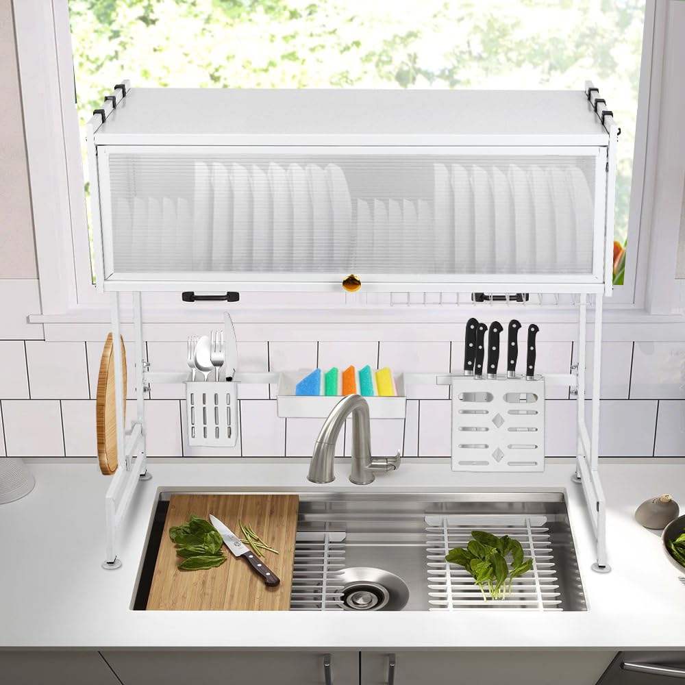 OHMG Égouttoir à Vaisselle au-Dessus de l'évier à 3 Niveaux Antirouille,Séchoir à Vaisselle,avec Porte-ustensiles et Support pour Planche à découper pour Rangement et Organisation de Cuisine