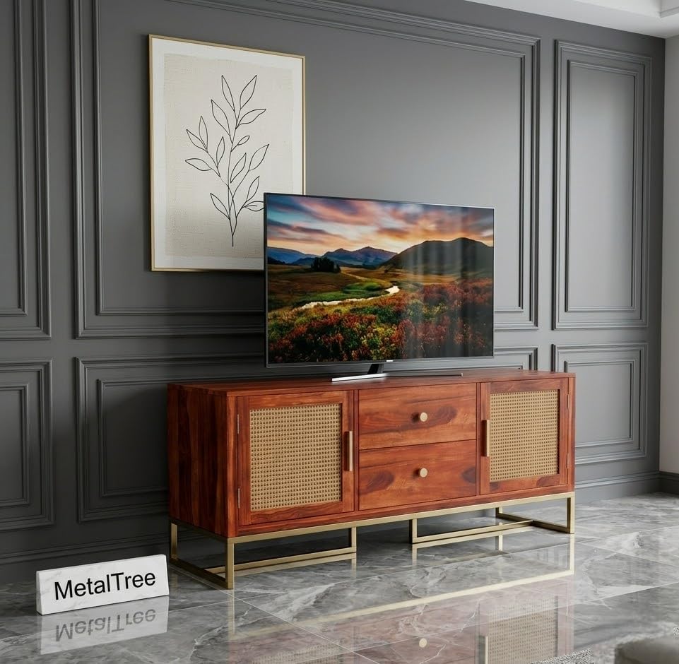 Image of sheesham Wood Wooden tv Unit for Living Room 55 inch TV Furniture - Entertainment Unit Solid Wood tv Table for Living Room 55 inch TV Console with 2 Drawers, 4 Shelves & Ratan Door (Honey)