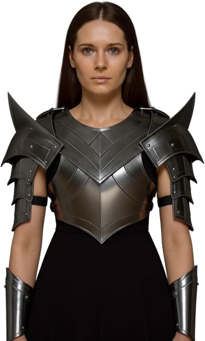 Medieval Fantasy Armor Costume Lady Armor Set Breastplate Pauldrons Shoulders-Female Cosplay Armor-Dark Valkyrie Spiked Steel Armor Set For LARP, Reenactment, Theator Act & Halloween