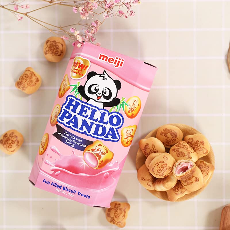 Image of Meiji Hello Panda Biscuits with Strawberry Flavoured Filling (Pack of 6X47g)| Bite Sized Biscuits filled with Strawberry flavoured Cream