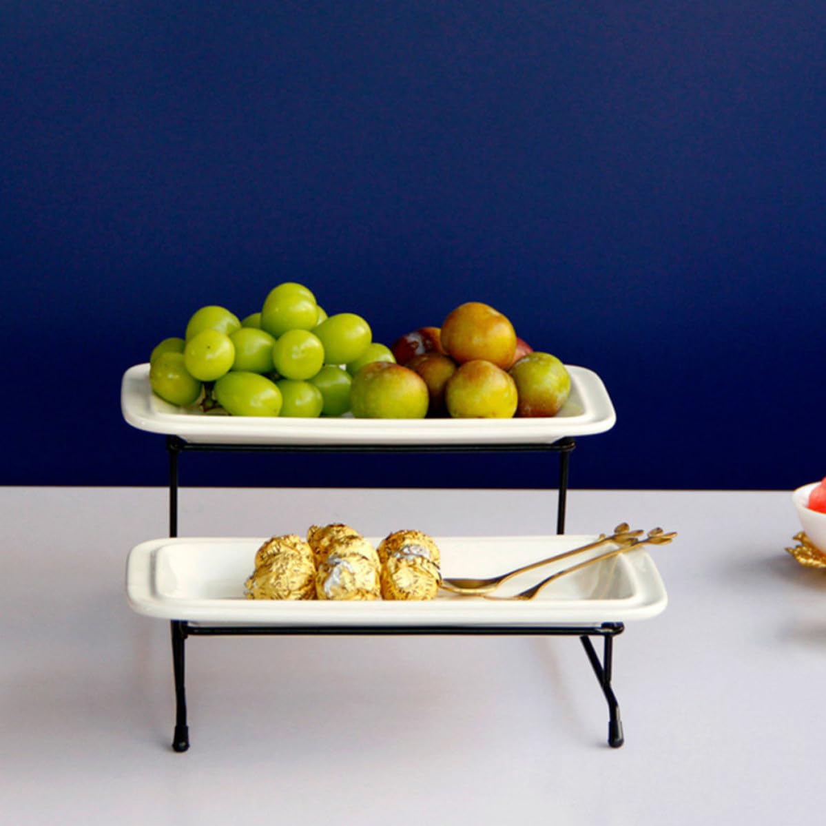 Portafrutta a Due Piani Smontabile Bianco Ferro Ceramico | Caramelle e Frutta, Vassoio per Dessert e Snack, Adatto a Caffè e Pasticceria